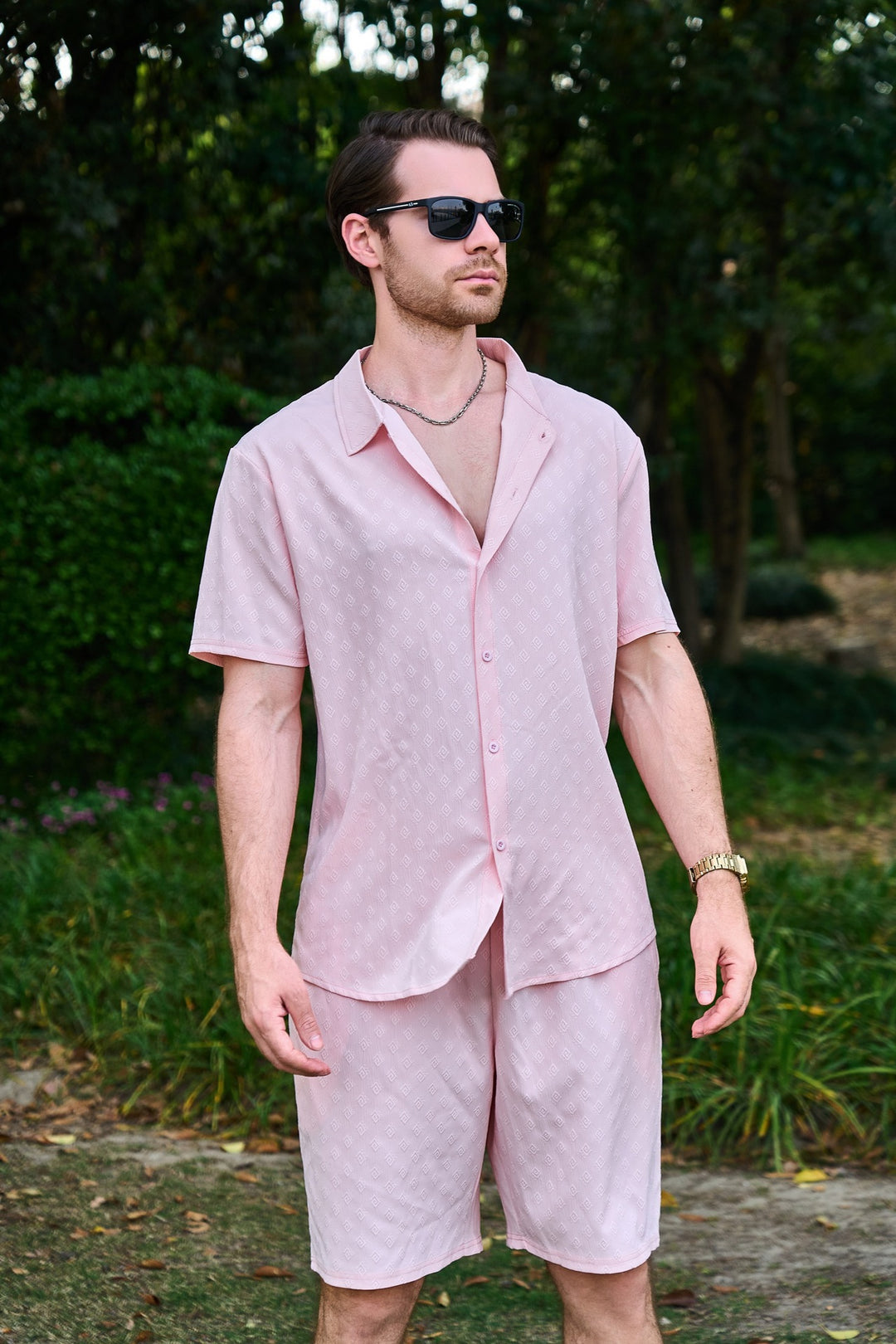 Chemise décontractée pour homme, manches courtes, short, unie, en polyester