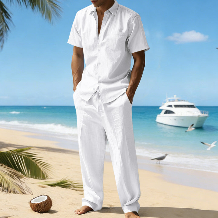 Chemise décontractée pour homme, manches courtes, Pantalon, unie, en lin