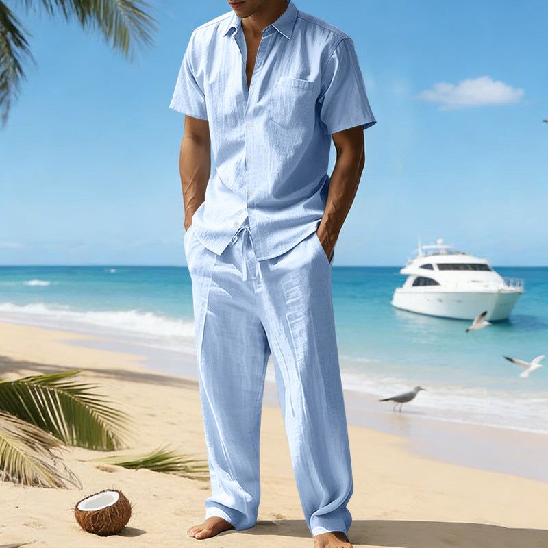 Chemise décontractée pour homme, manches courtes, Pantalon, unie, en lin