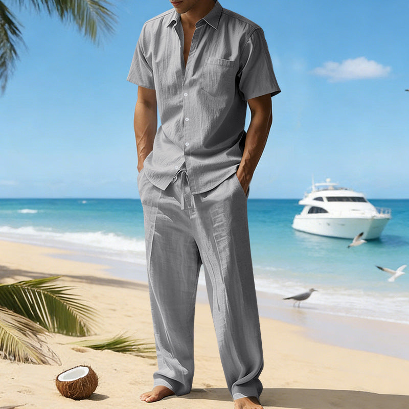 Chemise décontractée pour homme, manches courtes, Pantalon, unie, en lin