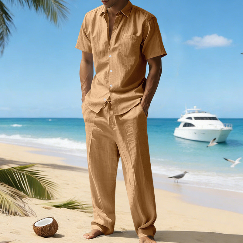 Chemise décontractée pour homme, manches courtes, Pantalon, unie, en lin