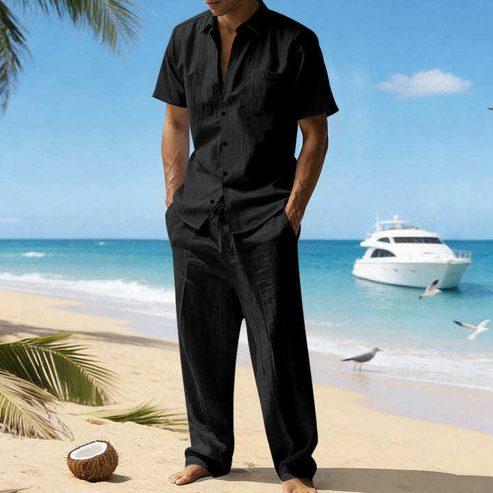 Chemise décontractée pour homme, manches courtes, Pantalon, unie, en lin