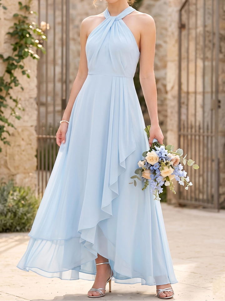 Robe de Demoiselle d'Honneur, Col Halter, Sans Manches, Ligne A/Princesse, à Volants, en Mousseline, Longueur de la Cheville Asymétrique