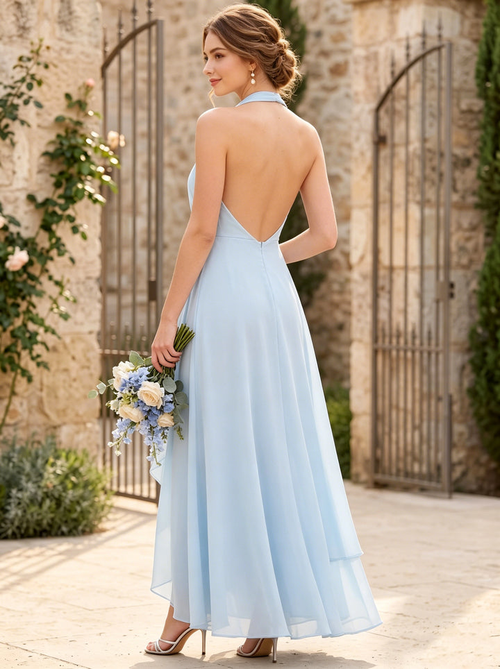 Robe de Demoiselle d'Honneur, Col Halter, Sans Manches, Ligne A/Princesse, à Volants, en Mousseline, Longueur de la Cheville Asymétrique
