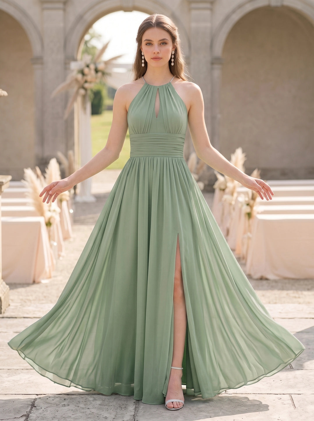 Robe de Demoiselle d'Honneur, Col Halter à Nouer, Sans Manches, Ligne A/Princesse,Froncée avec Fente Latérale, en Mousseline, Longueur au Sol