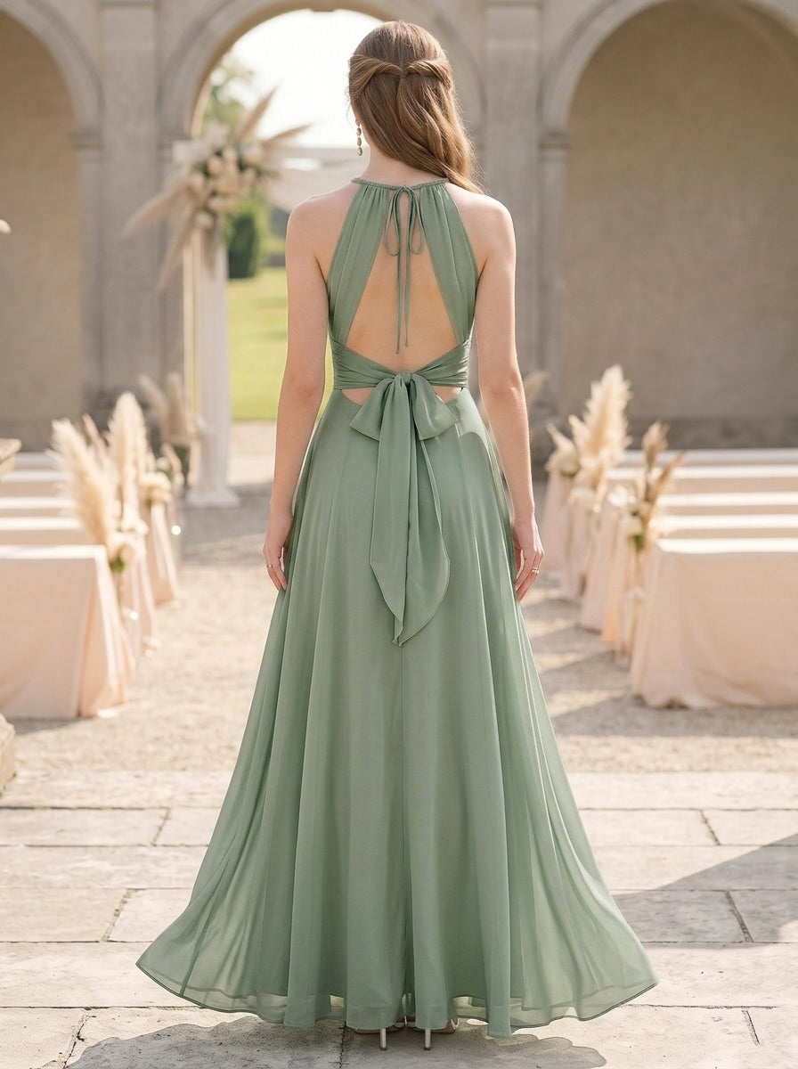 Robe de Demoiselle d'Honneur, Col Halter à Nouer, Sans Manches, Ligne A/Princesse,Froncée avec Fente Latérale, en Mousseline, Longueur au Sol