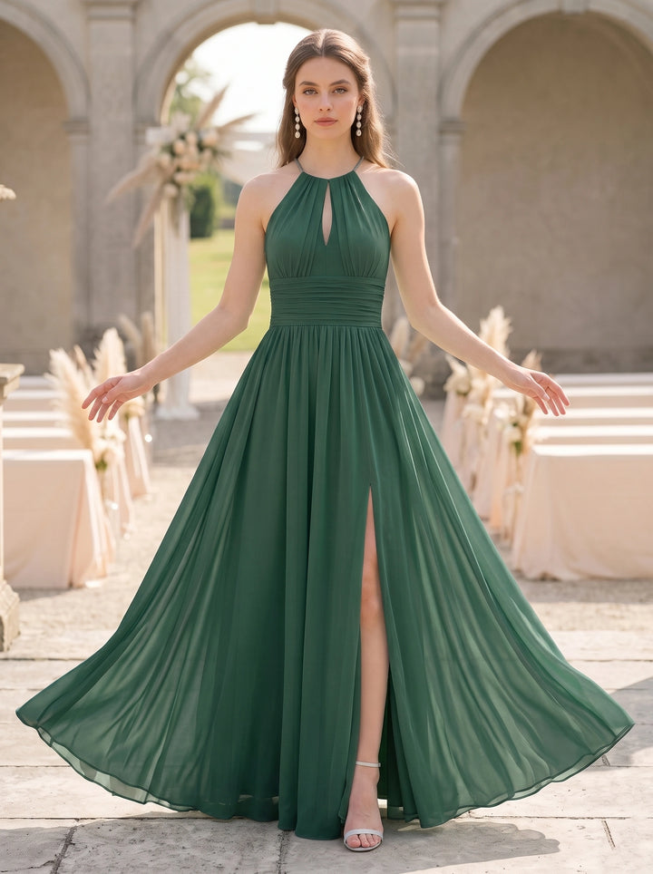 Robe de Demoiselle d'Honneur, Col Halter à Nouer, Sans Manches, Ligne A/Princesse,Froncée avec Fente Latérale, en Mousseline, Longueur au Sol