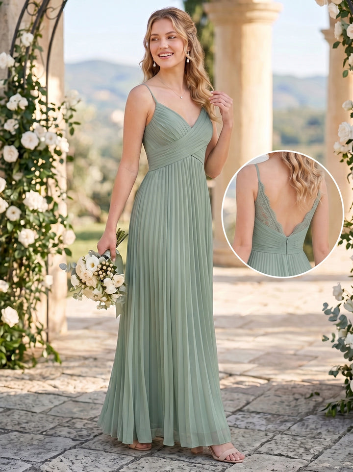 Robe de Demoiselle d'Honneur, Bretelles Fines, Sans Manches, Ligne A/Princesse, Froncée, en Mousseline, Longueur au Sol