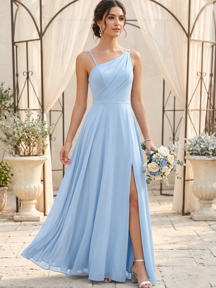 Robe de Demoiselle d'Honneur, Col Asymétrique, Sans Manches, Ligne A/Princesse, à Volants, en Mousseline, Longueur au Sol, avec Fente Latérale