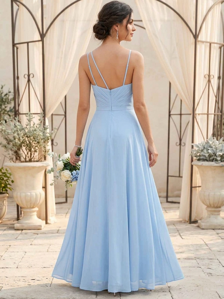 Robe de Demoiselle d'Honneur, Col Asymétrique, Sans Manches, Ligne A/Princesse, à Volants, en Mousseline, Longueur au Sol, avec Fente Latérale