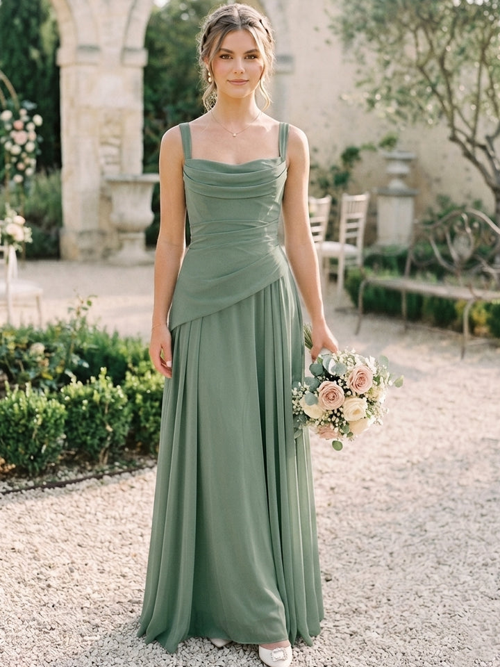 Robe de Demoiselle d'Honneur, Col Carré, Sans Manches, Ligne A/Princesse, Froncée, en Mousseline, Longueur au Sol, Col Drapé au Dos