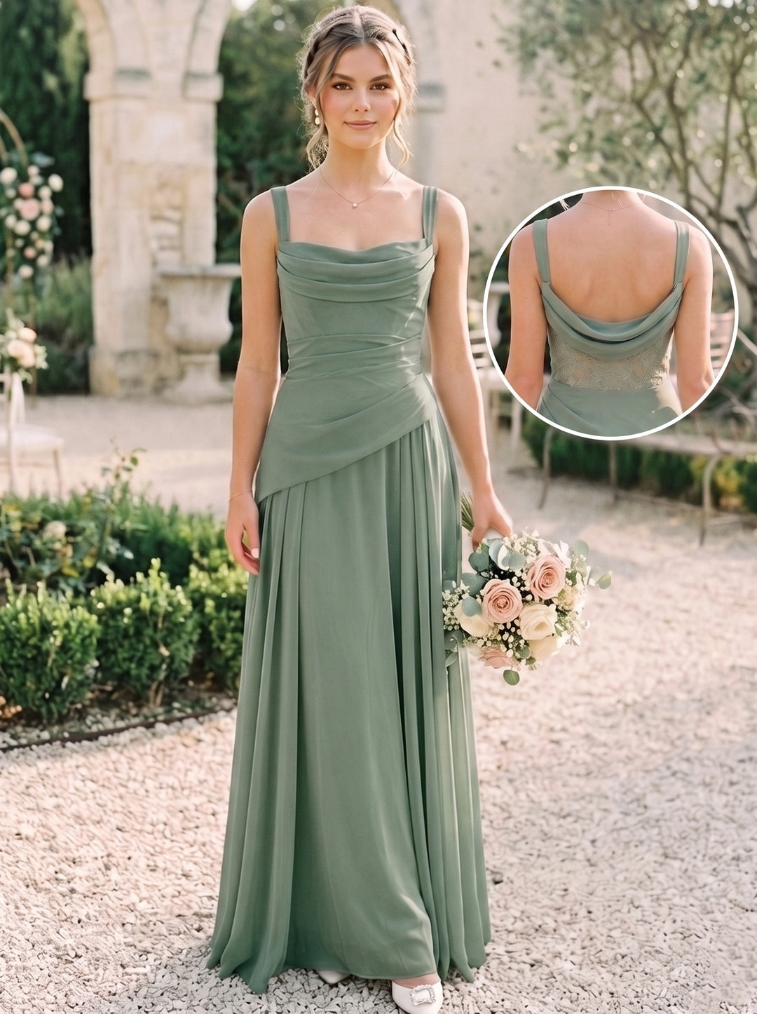 Robe de Demoiselle d'Honneur, Col Carré, Sans Manches, Ligne A/Princesse, Froncée, en Mousseline, Longueur au Sol, Col Drapé au Dos