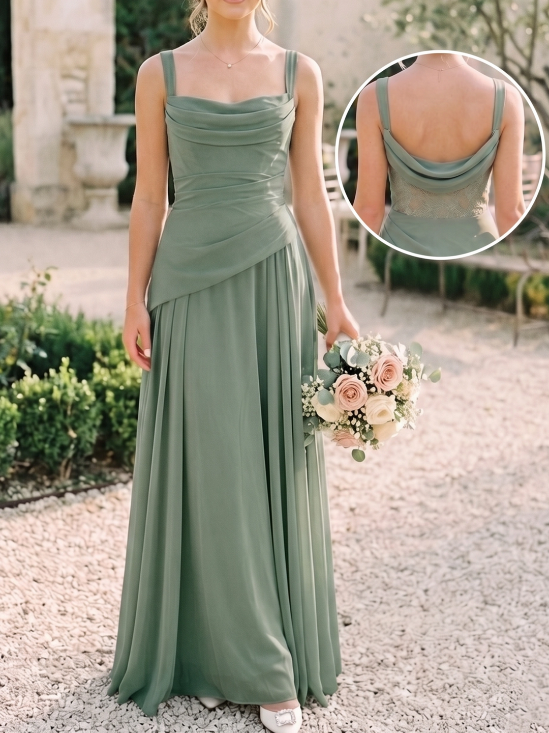 Robe de Demoiselle d'Honneur, Col Carré, Sans Manches, Ligne A/Princesse, Froncée, en Mousseline, Longueur au Sol, Col Drapé au Dos