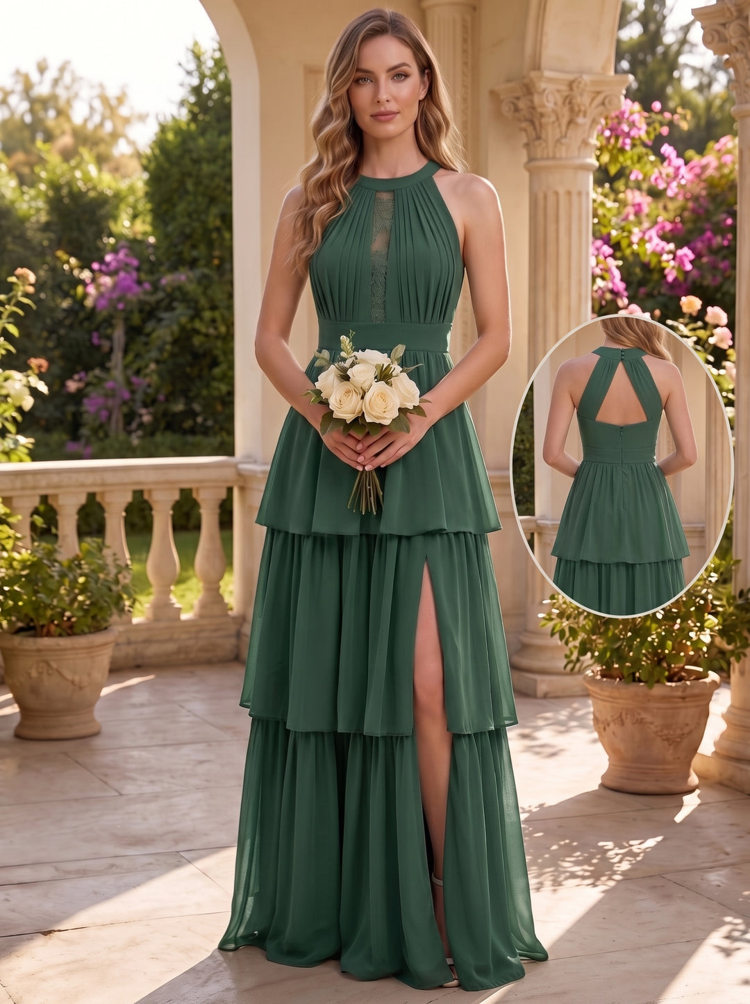 Robe de Demoiselle d'Honneur en Mousseline à Col Halter Sans Manches Ligne A/Princesse en Mousseline Longueur au Sol avec Fente Latérale