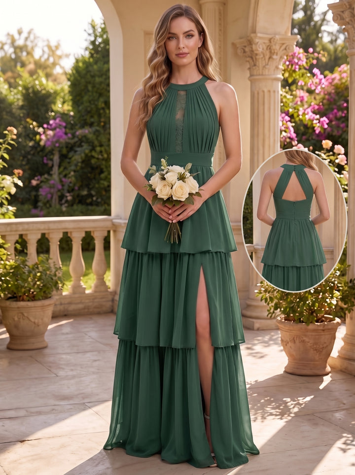 Robe de Demoiselle d'Honneur en Mousseline à Col Halter Sans Manches Ligne A/Princesse en Mousseline Longueur au Sol avec Fente Latérale