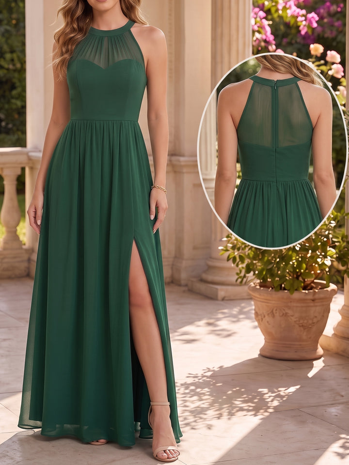 Robe de Demoiselle d'Honneur en Mousseline à Col Halter Sans Manches Ligne A/Princesse Longueur au Sol avec Fente Latérale