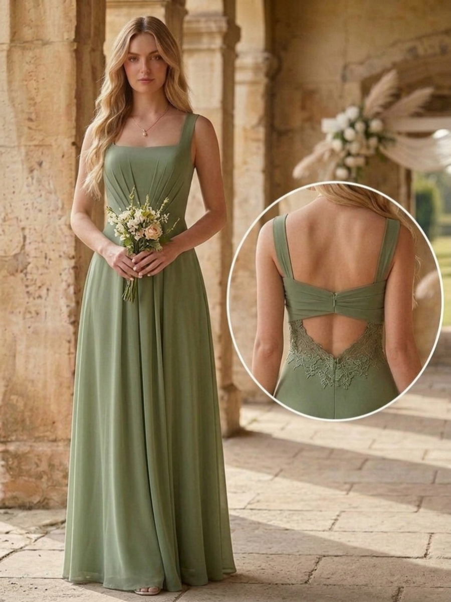 Robe de Demoiselle d'Honneur à Col Carré Sans Manches Ligne A/Princesse en Mousseline Longueur au Sol à Volants