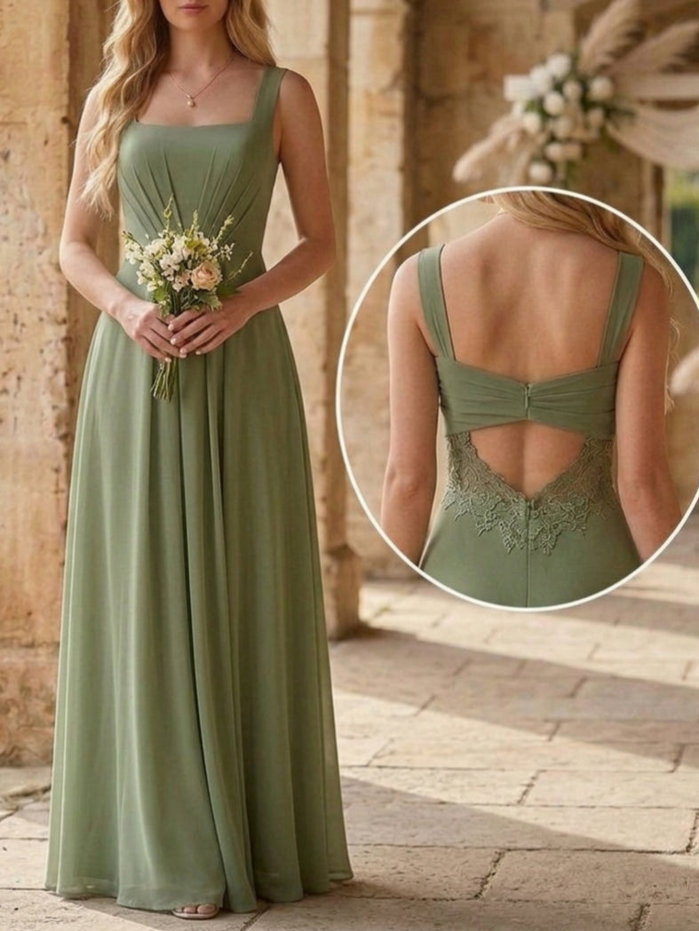 Robe de Demoiselle d'Honneur à Col Carré Sans Manches Ligne A/Princesse en Mousseline Longueur au Sol à Volants