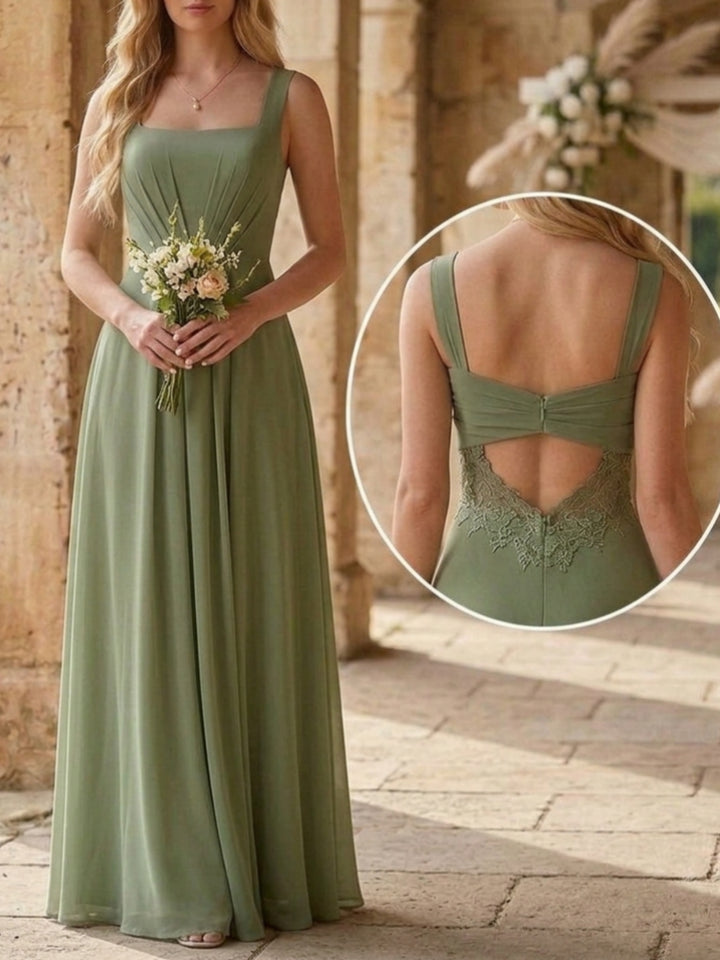 Robe de Demoiselle d'Honneur à Col Carré Sans Manches Ligne A/Princesse en Mousseline Longueur au Sol à Volants