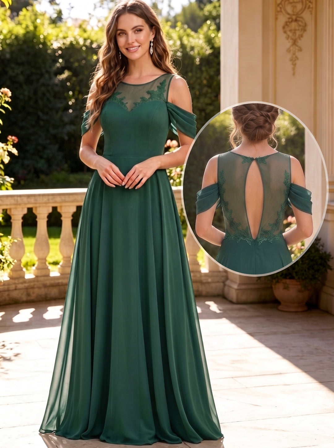 Robe de Demoiselle d'Honneur Col Rond Sans Manches Ligne A/Princesse en Mousseline Longueur au Sol à Volants Dentelle