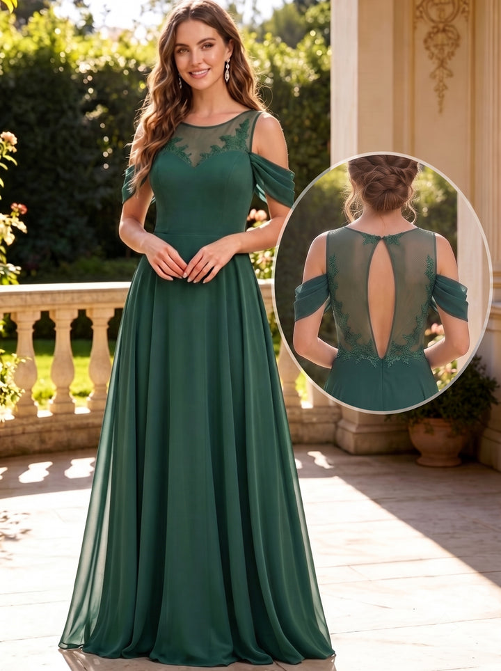 Robe de Demoiselle d'Honneur Col Rond Sans Manches Ligne A/Princesse en Mousseline Longueur au Sol à Volants Dentelle