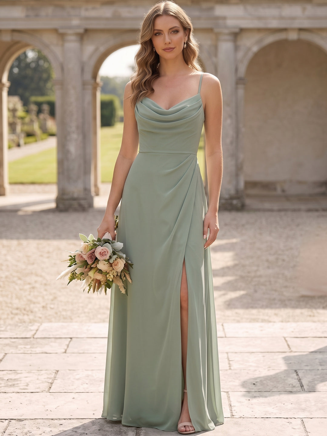 Robe de Demoiselle d'Honneur Bretelles Fines Sans Manches Ligne A/Princesse en Mousseline Longueur au Sol Froncée