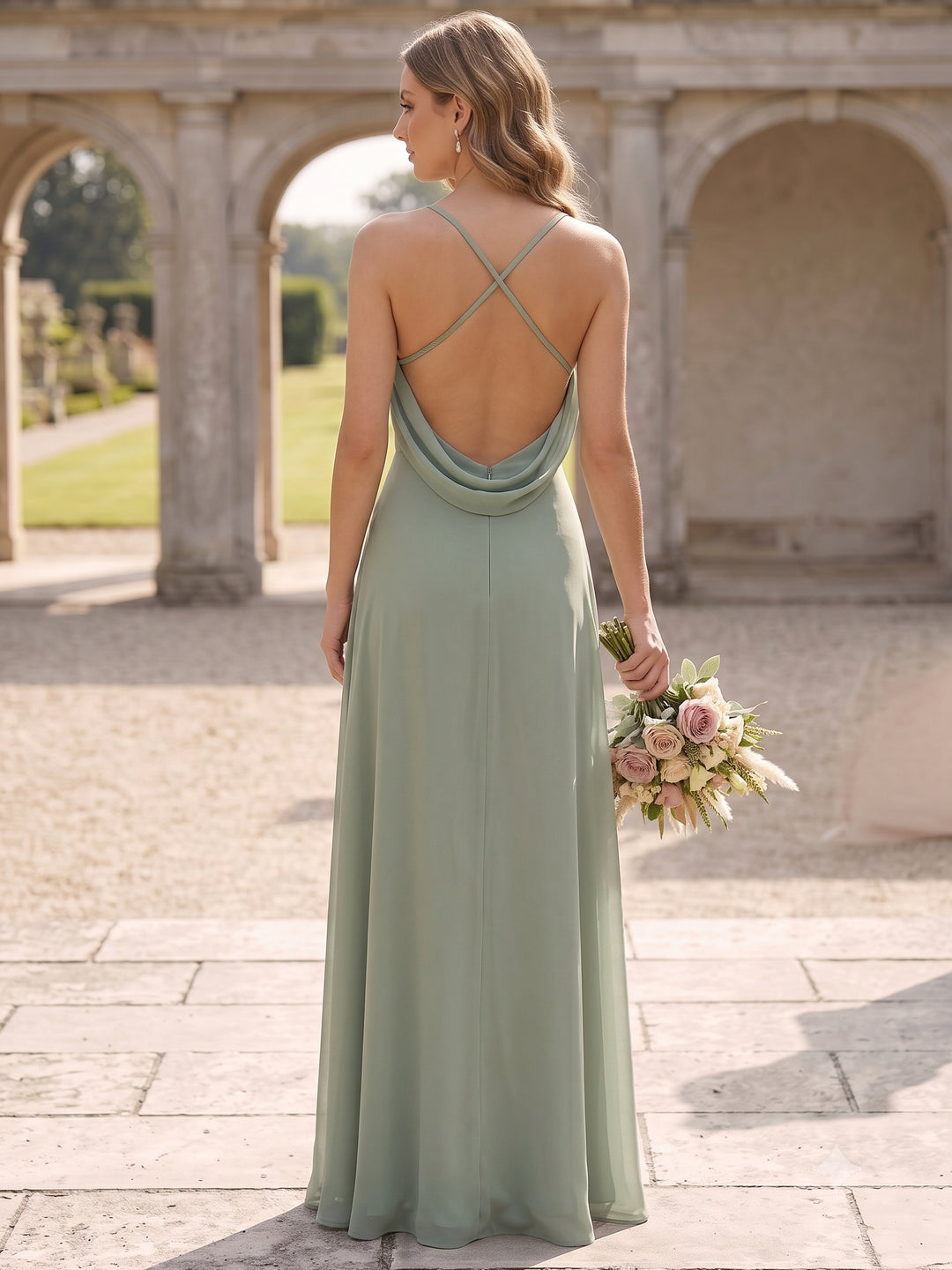 Robe de Demoiselle d'Honneur Bretelles Fines Sans Manches Ligne A/Princesse en Mousseline Longueur au Sol Froncée