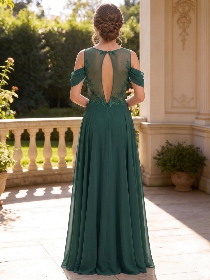 Robe de Demoiselle d'Honneur Col Rond Sans Manches Ligne A/Princesse en Mousseline Longueur au Sol à Volants Dentelle