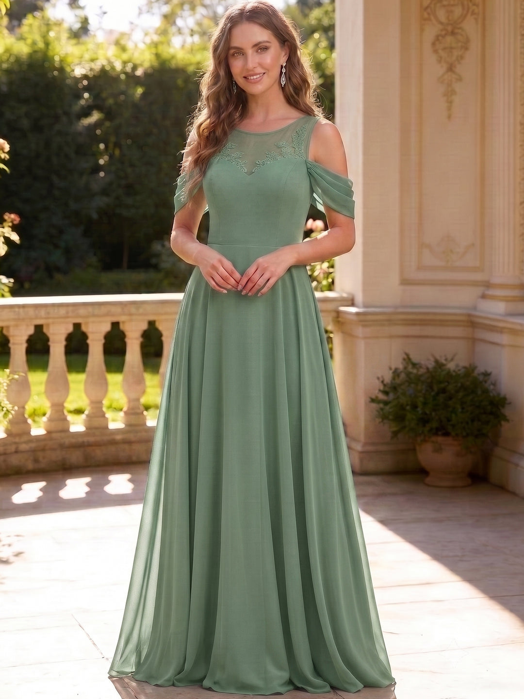 Robe de Demoiselle d'Honneur Col Rond Sans Manches Ligne A/Princesse en Mousseline Longueur au Sol à Volants Dentelle