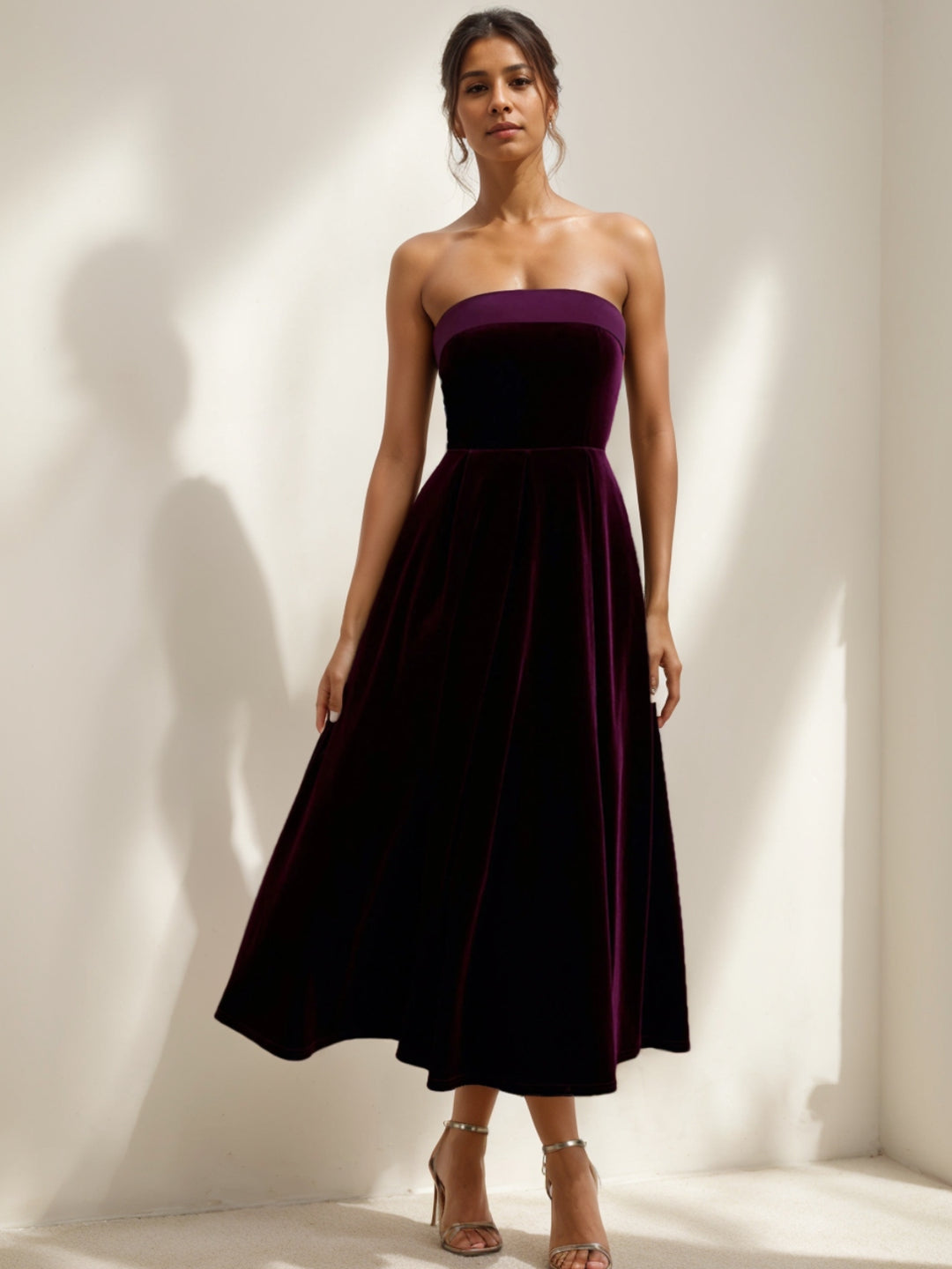 Ligne A/Princesse Robe Longueur de Thé Bustier sans Bretelles en Velours