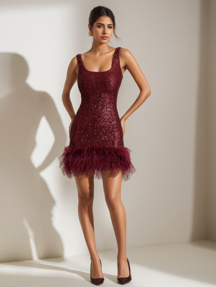 Trompette/Sirène Robe de Soirée Mini à Sequins Col Carré et Bordure en Plumes