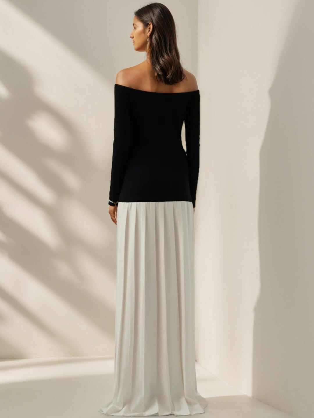 Gaine/Colonne Robe de Soirée plissée à épaules dénudées en maille contrastée avec fente haute