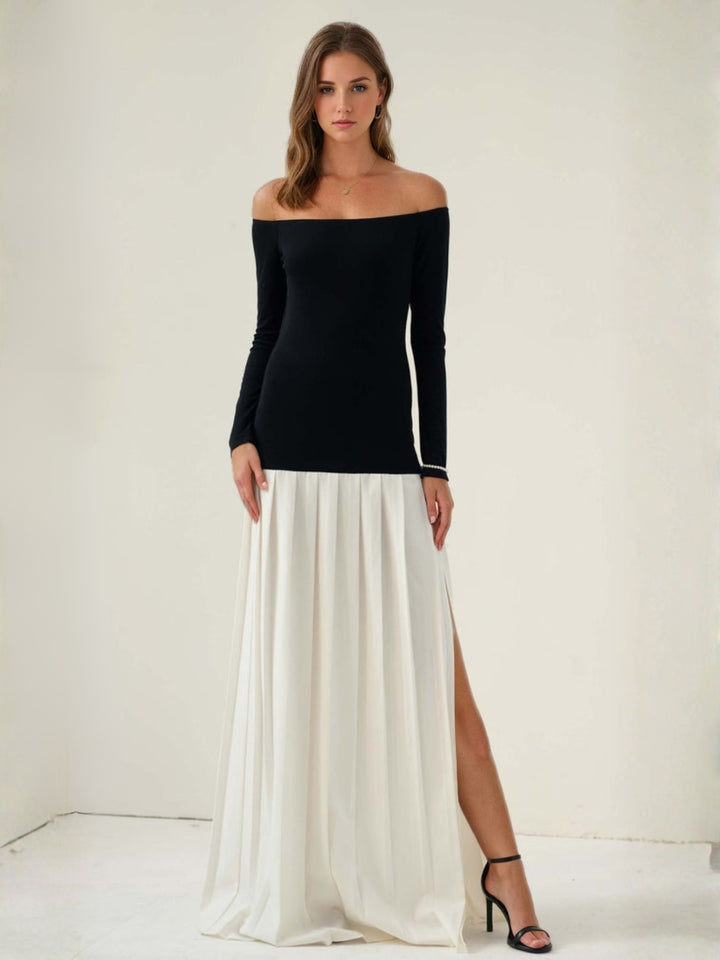 Gaine/Colonne Robe de Soirée plissée à épaules dénudées en maille contrastée avec fente haute