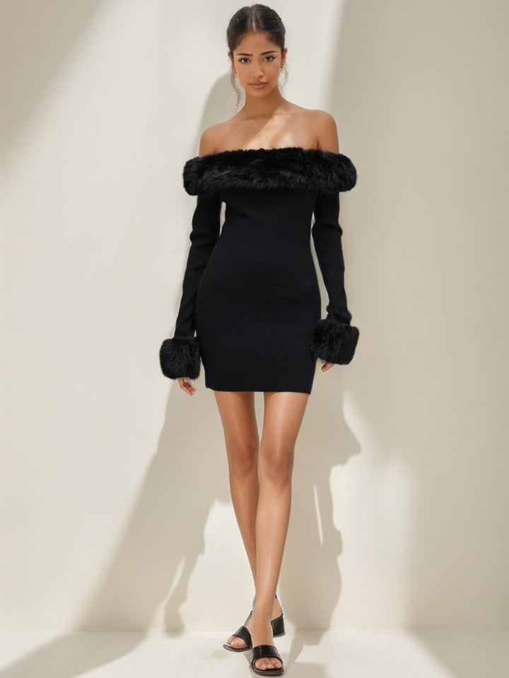 Trompette/Sirène Robe de Soirée Mini à épaules dénudées ornée de fourrure manches longues