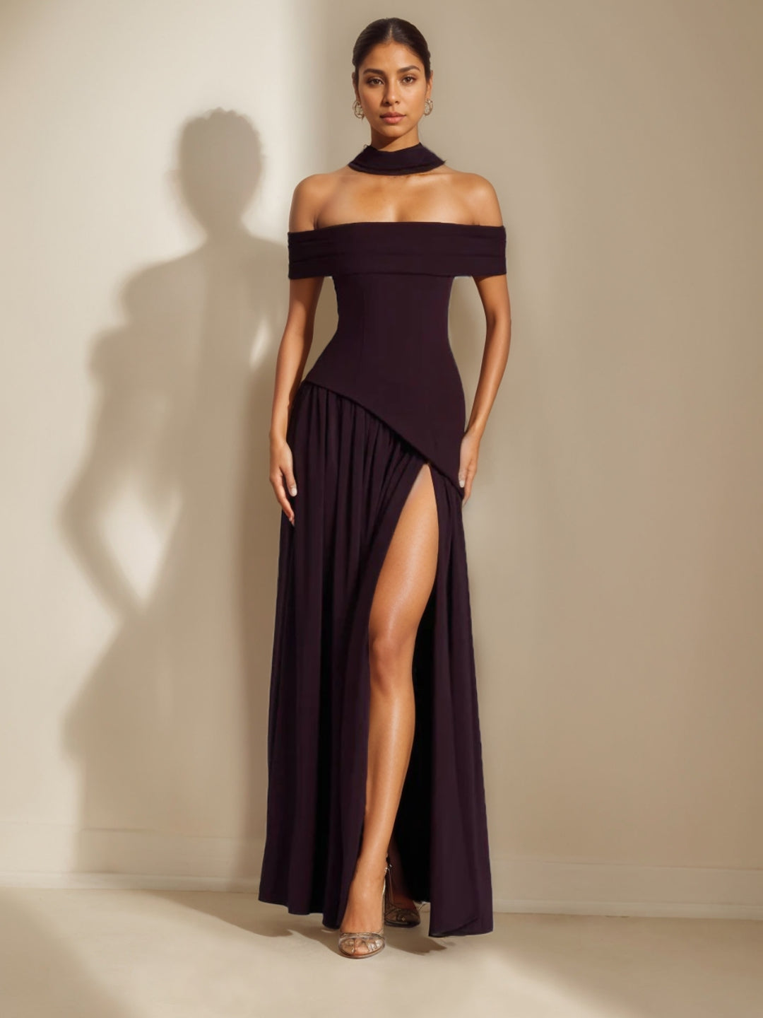 Robe Cintrée et Asymétrique à épaules dénudées Plissée avec Fente Haute