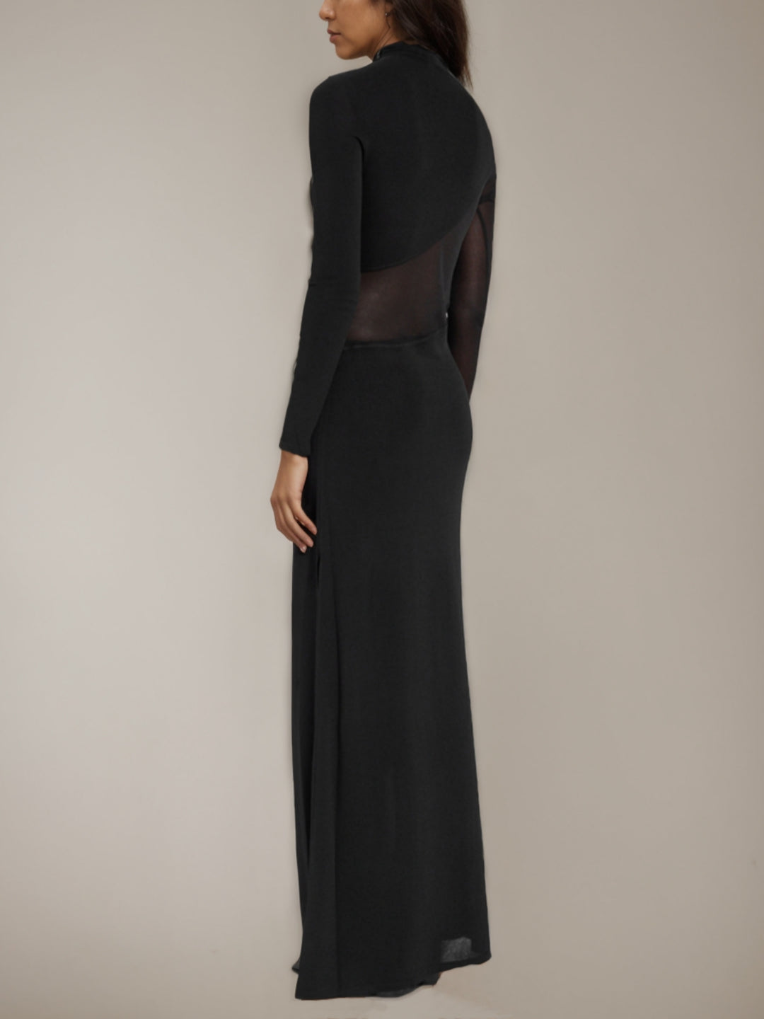 Trompette/Sirène Robe à empiècements en résille col montant et fente latérale