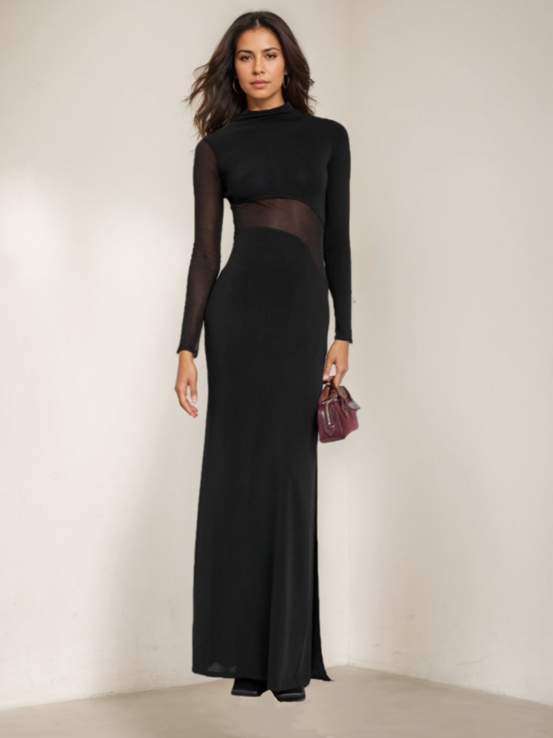 Trompette/Sirène Robe à empiècements en résille col montant et fente latérale