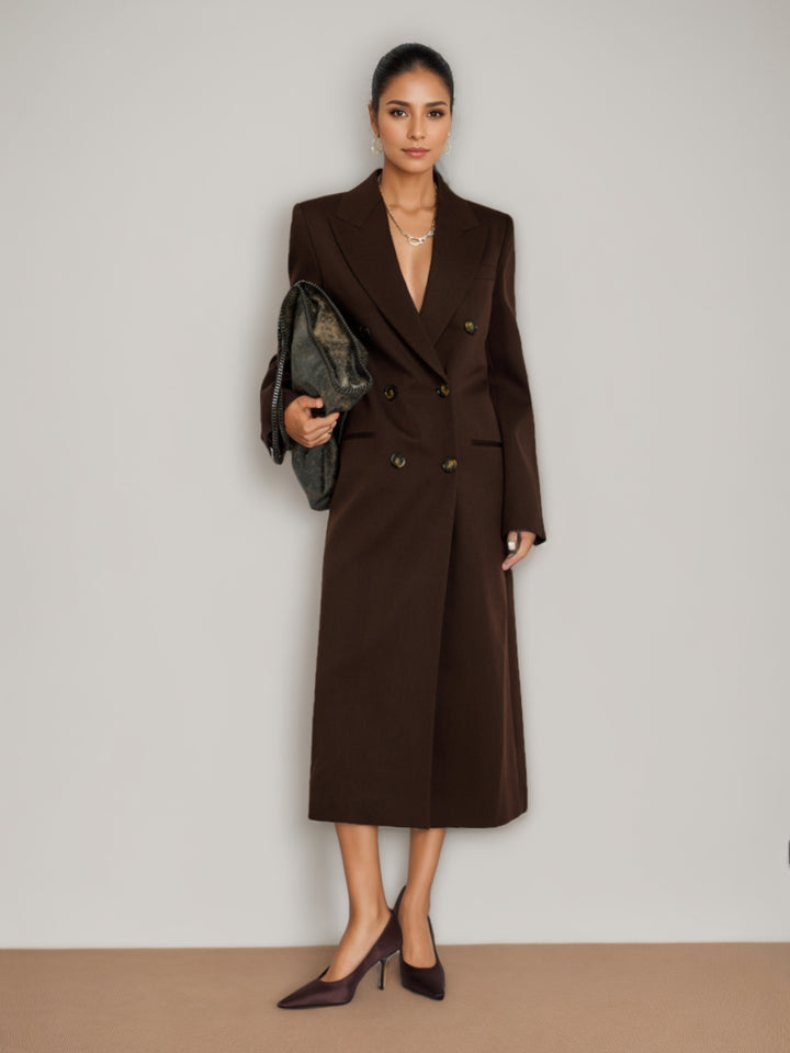 Manteau croisé en sergé à col en V et boutons aux poignets