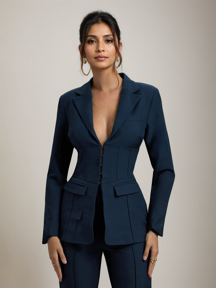 Veste de Costume Cintrée à Col en V Profond