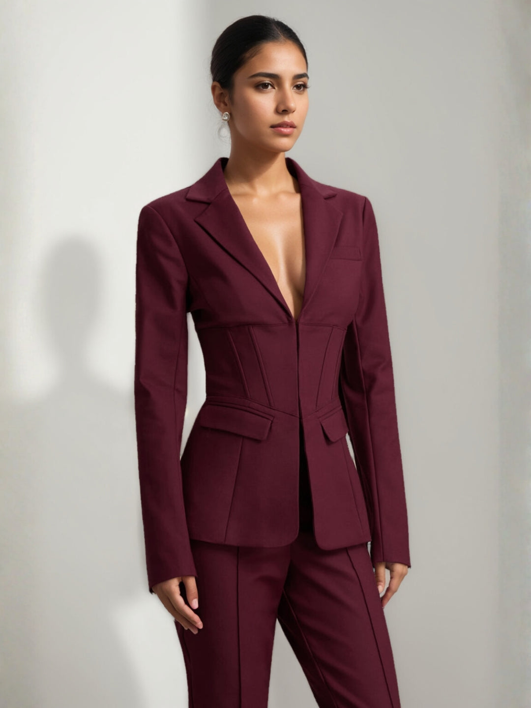 Veste de Costume Cintrée à Col en V Profond