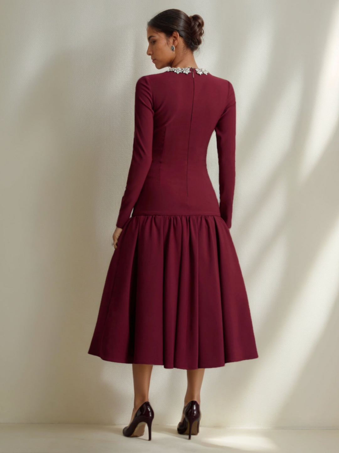 Ligne A/Princesse Robe Col Rond Orné Longueur de Thé Manches Longues