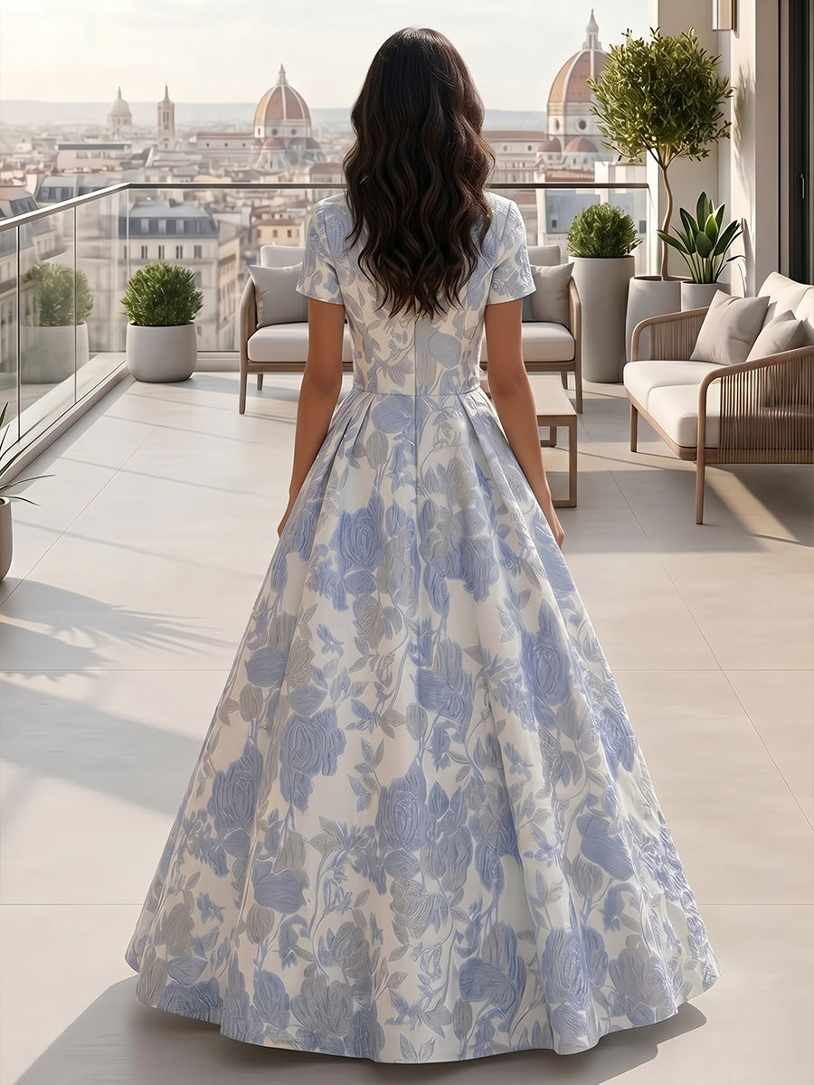 Robe de Soirée, Ligne A/Princesse, Jacquard, Col en V, Manches Courtes, Longueur au Sol, Florale