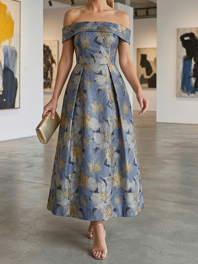 Ligne A/Princesse Hors de l'épaule Jacquard Robe Cocktail Florale Longueur du Thé Sans Manches