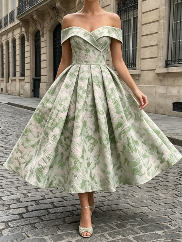 Ligne A/Princesse Hors de l'épaule Jacquard Robe Cocktail Florale Longueur du Thé Sans Manches