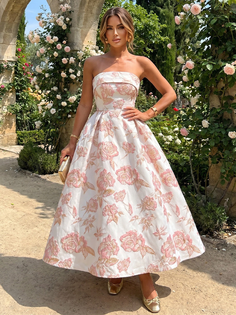 Ligne A/Princesse Bustier Jacquard Robe Cocktail Florale Longueur de la Cheville Sans Manches