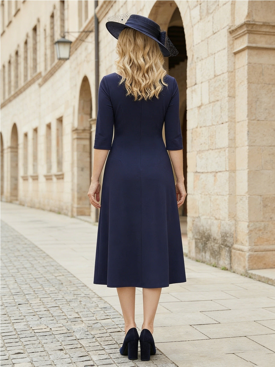 Ligne A/Princesse Col en V Satin Élastique Robe Cocktail Froncée Longueur du Thé Manches Mi-Longues