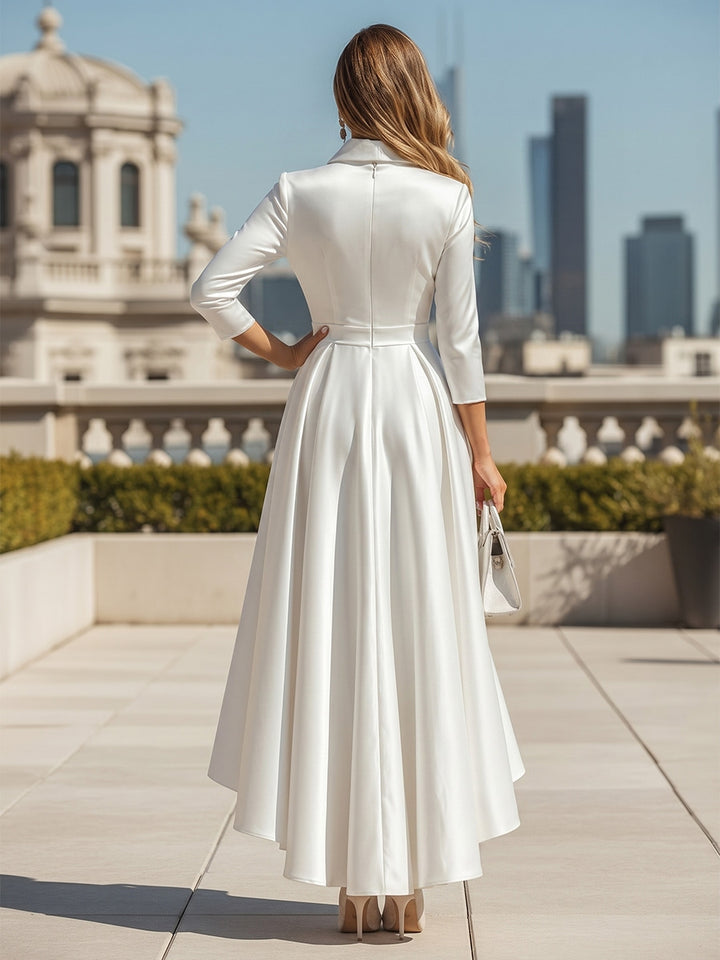 Robe de Cocktail Col en V, Manches 3/4, Longueur de la Cheville Haut-Bas, Satin, Ligne A/Princesse