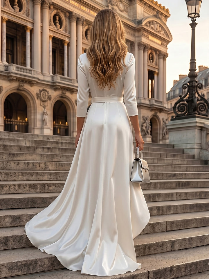 Robe de Cocktail Col en V, Manches 3/4, Longueur de la Cheville Haut-Bas, Satin, Ligne A/Princesse
