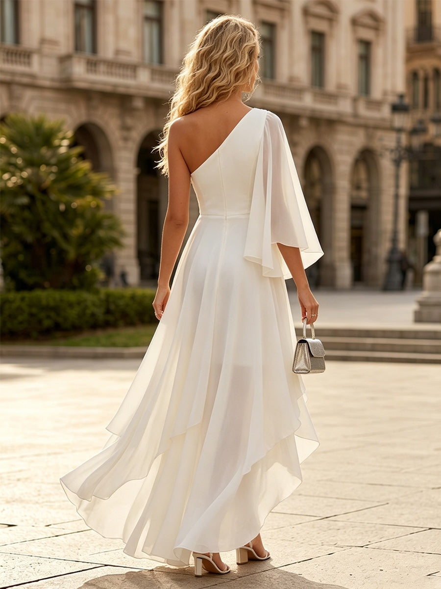Ligne A/Princesse Une Épaule Nue Mousseline Robe Cocktail Longueur au Sol Asymétrique Manches 3/4