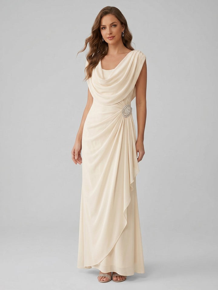 Robe de Cocktail Ligne A/Princesse en Mousseline à Col Drapé Longueur de la Cheville Manches Courtes avec Broche à Volants